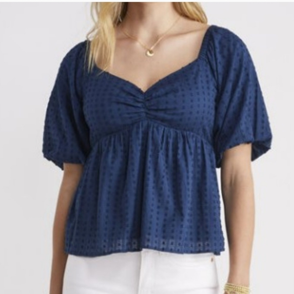 VINEYARD VINES Navy Swiss Dot Puff Sleeve Top Size Large
